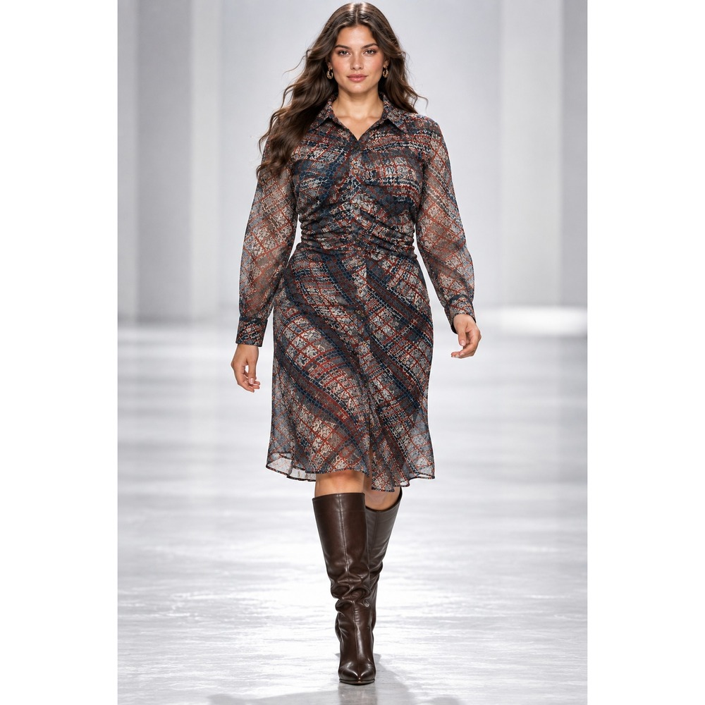 Ramy Brook Wyatt Plaid Button Front Midi Shirt Dress Ruched Fall XXL 2XL $465